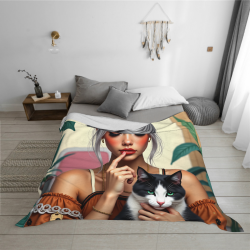 280g Flannel Fuzzy Blanket (Horizontal Style) Girl with Cat Pattern