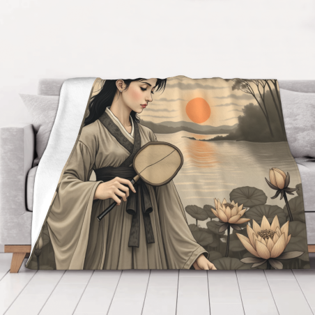 Couverture en flanelle avec paysage en encre - Okomall