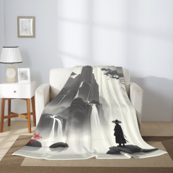 Couverture en flanelle polar de 280g (style vertical) - Motif paysager à l'encre