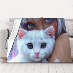 280g Flannel Fleece Blanket (Horizontal Style) - Cat and Girl Pattern