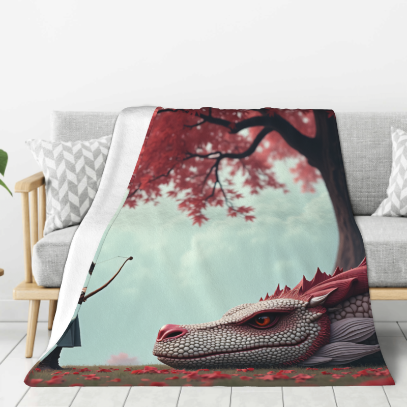 280g Flannel Fleece Blanket (Vertical Style) with Dragon and少年 Pattern