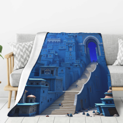Decke aus Fleece 280 g/m² (vertikaler Stil) - Muster „Blaue antike Stadt“
