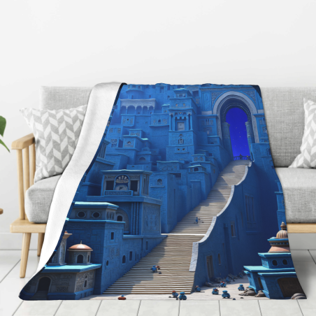 Decke aus Fleece 280 g/m² (vertikaler Stil) - Muster „Blaue antike Stadt“