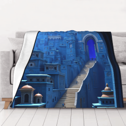 السجادة المصنوعة من فannel fleece بوزن 280 جرام (نمط أفقى) - نمط مدينه قديمة باللون الأزرق