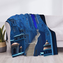 280g Flannel Fleece Blanket (Horizontal Style) - Blue Ancient City Pattern