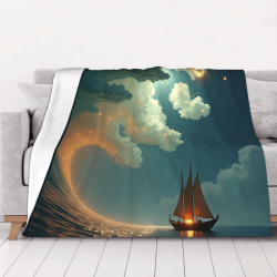Manta de flanela de fleece 280g (horizontal) - Diseño de oleaje y velero