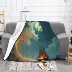 280g Flannel Fleece Blanket (Horizontal) - Wave and Sailboat Pattern