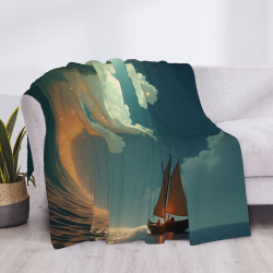 Couverture en flanelle polaire 280g (horizontale) - Motif vague et voilier