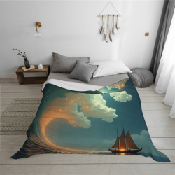 Coperta in flanella polar 280g (orizzontale) - Disegno onde e veliero