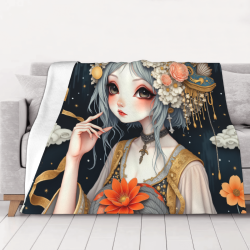 Couverture en Flanelle Duveteuse 280g (Style Horizontal) avec Motif Ancien de Jeune Fille