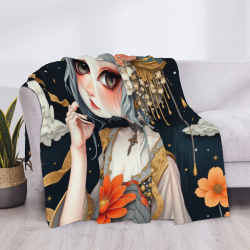 Couverture en Flanelle Duveteuse 280g (Style Horizontal) avec Motif Ancien de Jeune Fille