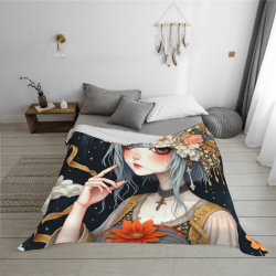 Couverture en Flanelle Duveteuse 280g (Style Horizontal) avec Motif Ancien de Jeune Fille