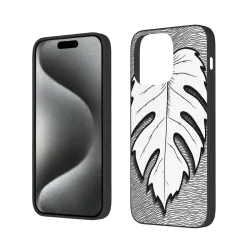 Чехол для iPhone 15/Pro/Max Черный с узором Листвы - okomall